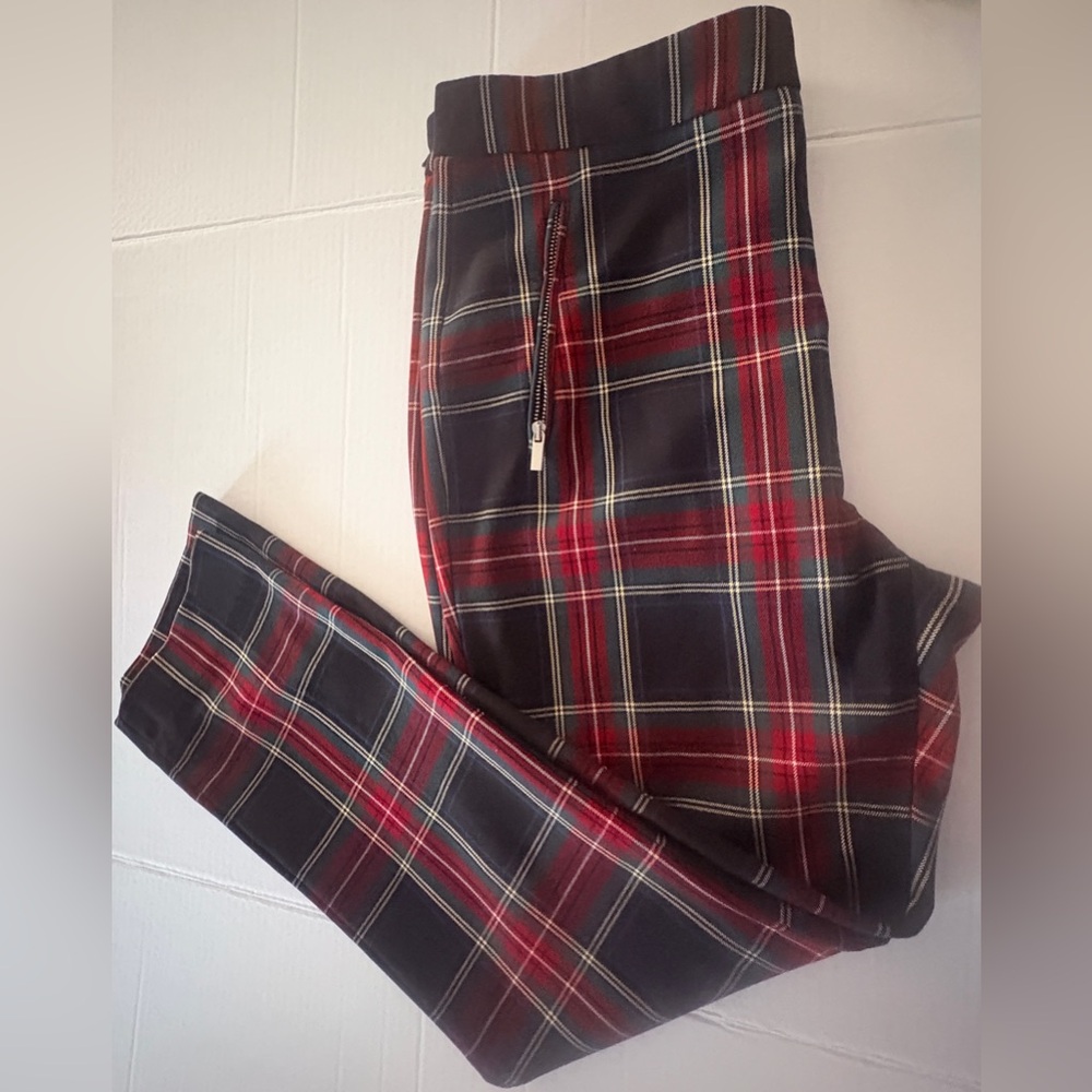 Zara Basic Red Navy Plaid Tapered Pants W/Invisible Side Zipper US Size Large